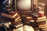 An AI Generated image of books, movie reels, cameras and coffee.