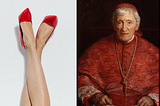 Diptych showing a woman’s legs and red shoes (Left) and an aging cardinal wearing red (Right)