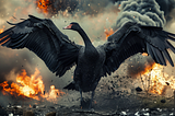Real photography of a giant black swan opening its wings, background is scene with bombs, smoke and fire, very gloomy day, AI image created on midjourney v6 by henrique centieiro and bee lee