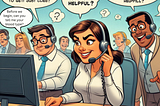 Cartoon of a group of superficially helpful customer support reps.
