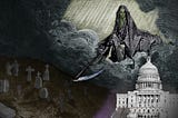 The Angel of Death, peering down from a break in a menacing sky full of clouds, looking upon the Capitol Dome, wreathed in spooky mist. To the Capitol’s left is a spooky graveyard.
