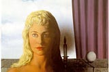 painting of an expressionless woman with long blond hair, a candle, white ball, and curtain on her left side, and a cloudy sky in the background