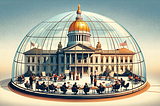 Illustration of a neoclassical building resembling the Trenton Statehouse, enclosed in a transparent dome. The dome houses a circular platform where a diverse group of individuals engage in various activities, such as conversing, reading, and working on laptops. The golden dome of the building gleams under a clear sky, flanked by two American flags.