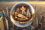 ChatGPT generated panoramic image depicting a billionaire inside a lavish, transparent bubble, floating above a city landscape