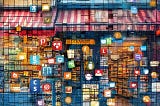 A mosaic made up of digital social media icons forming a larger vivid image of a thriving e-commerce storefront; this illustrates the integral role of social media CX in the e-commerce ecosystem and its impact on brand loyalty & brand reputation.