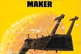 Cover of The Univere Makers by AE van Vogt, Sphere 1918. An oblong spaceship speeding towards a giant brain on a yellow background. The scene does not appear in the novel