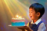a toddler celebrating his fourth birthday holding a cake