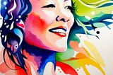 abstract watercolor image of asian woman, hair flowing in different colors with a slight smile on her face.