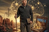 A vertical conceptual poster showing Gary L. Fretwell, a fit older man, walking on a winding desert path at golden hour. Above him, gold serif text reads: “RETIREMENT IS A BIOLOGICAL DEATH SENTENCE. STOP PRACTICING FOR YOUR FUNERAL AND START DESIGNING YOUR SECOND ACT.” A glowing outline of a brain with formulas for Dopamine, Serotonin, and Oxytocin surrounds his head. A leather case sits on a glowing architectural grid with drafting tools. The palette is charcoal, amber, and gold.