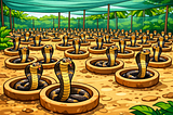 Dozens of cobras inside a greenhouse canopy, a fictional cobra farm
