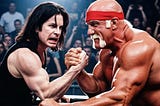 AI-Generated image of Ozzy arm-wrestling Hulk Hogan