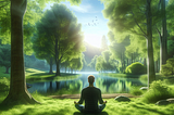 serene scene of a person sitting cross-legged on a lush green meadow, surrounded by tall trees with sunlight filtering through the leaves. The person has a peaceful expression, perhaps with closed eyes and a gentle smile, indicating a state of inner calm and tranquility. In the background, there’s a tranquil lake reflecting the blue sky, with birds flying overhead. This image captures the essence of creating a peaceful life, with nature providing a soothing backdrop for relaxation