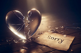 A somber image showing a shattered glass heart on the ground, symbolizing broken trust, with a faded handwritten ‘sorry’ note beside it. The background is dimly lit, enhancing the mood of sorrow and betrayal. This image conveys a serious tone reflecting the deep emotional scars left by betrayal.