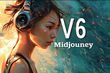 beautifully detailed digital portrait of a young woman with headphones, set against a vibrant, abstract background that suggests a flurry of movement and color. The text “V6 Midjourney” prominently displayed