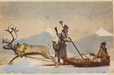 Painting of Sami men in a sled pulled by a Reindeer