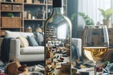 A wine bottle showing a messy and disorderly room