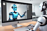 Robot sitting at a desk using a computer, facing a blue robot on the screen, both with raised hands as if engaged in conversation. Made with DALL·E