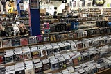 Aisle of CDs for sale at Waterloo Records in Austin, TX