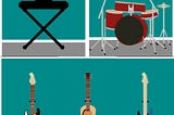 Keyboard, Drum Kit, Electric Guitar, Acoustic Guitar, and a Bass Guitar all made using CSS