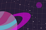 A purple planet with a ring and a purple moon against a starry background with a grid.