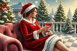 Image shows a woman in a Santa dress and a Christmas hat, sitting outside on a velvety chair on a terrace, surrounded by snow-covered Christmas trees.