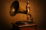 An image of an antique gramophone with a statute of a naked woman