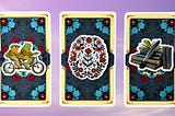 Three tarot pick a card piles: pile 1 — toads, pile 2 — flowers, and pile 3 — books