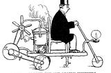 A photo of a man in a top hat riding a ridiculous contraption that he has invented.