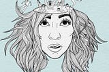 Cover of Gabbie Hanna’s Book “Adultolescence”. The illustration of a girl with flowing hair in black and white on a blue background. The top of her head is cut off, revealing a swimming pool with various animal and human characters playing and swimming.