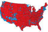 A map of the counties in the United States. Counties that voted for Trump are red, and those that voted for Harris are blue. The map is overwhelmingly red.