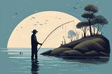 An illustration of a man fishing in a quiet environment with a big moon on the background.