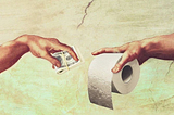 God giving to Adam a toilet paper roll in exchange of a lot of cash