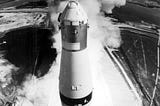 Black and white photo of the liftoff of Apollo 11