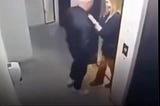 Woman man near elevator, security camera footage