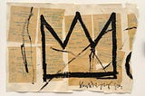 Sketch of a black crown by the artist Basquiat with old pieces of paper attached behind it