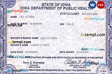 USA Iowa state birth certificate example in PSD format, fully editable