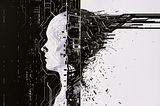 Image of the convergence of a human head with breaking electronics.