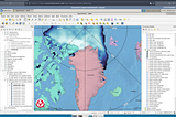 A map depicting Greenland is displayed within QGIS software running in a cloud-based desktop environment. A visualization of September 2012 Arctic sea ice concentration is overlaid.