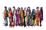 A colorful group of people of many ages and many lifestyles all gathered in one, casual, peaceful spot.