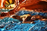 A naked woman in bed uder red-blue waves of lust — erotic sex art by ‘Samarel Eros’