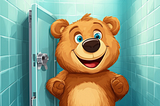 Little Boobo bear happily comes out of the toilet stall.