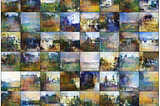 Grid of final images generated by WGAN, each of them a painting in the style of Monet.