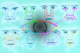 A digital illustration of multiple facial expressions, with colorful geometric lines and nodes mapping facial features.