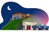 Illustration of a Chase branch on top of a hill, with a car exiting a garage that is inside the bottom of the hill.