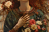 A richly detailed digital painting in the style of Pre-Raphaelite and Art Nouveau illustration. A figure with flowing auburn curls, eyes closed in peaceful repose, holds a gathered bouquet of roses, daisies, and wildflowers against their chest with one hand resting gently over their heart. Large, delicately veined wings spread behind them, and an ornate golden halo with intricate botanical and geometric detail frames their head. The robes are deep teal with embroidered gold trim.