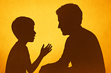 Silhouettes of a parent and child in conversation, seated closely together, with warm yellow tones suggesting trust, connection, and attentiveness in a digital learning context.