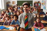 A smiling teacher with a rainbow tie stands in front of a classroom of children.