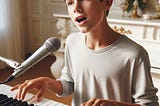 A teen-aged boy is singing and playing the piano in a living room.
