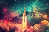 Classic rocket ship launching into a colorful starfield and nebulae.