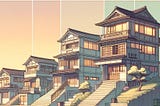 Four houses in traditional japanese style, progressively getting bigger to represent team growth happening through agile ceremonies.